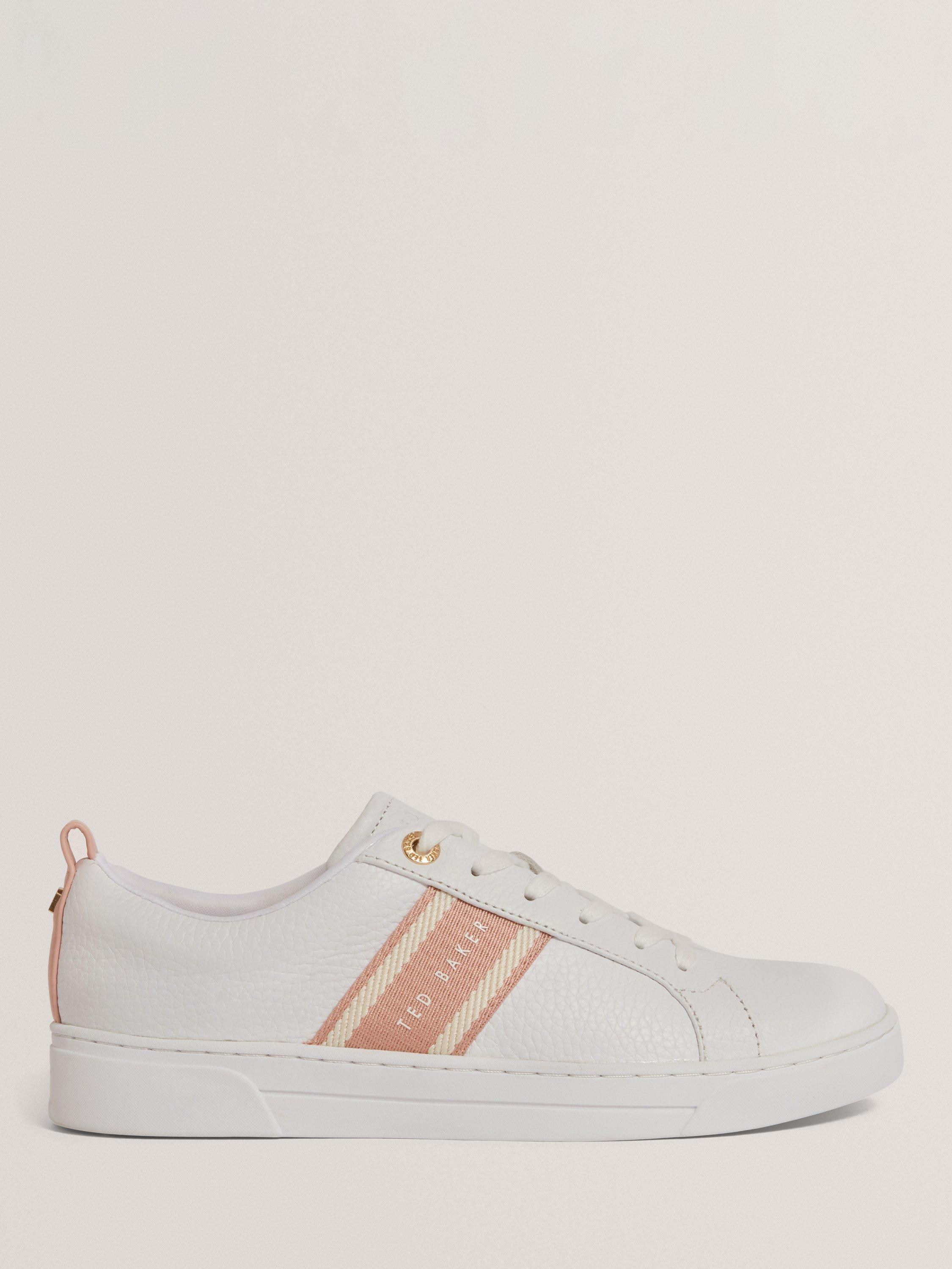 Product image 1 of 5, which shows Ted Baker Bailly Branded Stripe Leather Trainers, White/Pink, 4