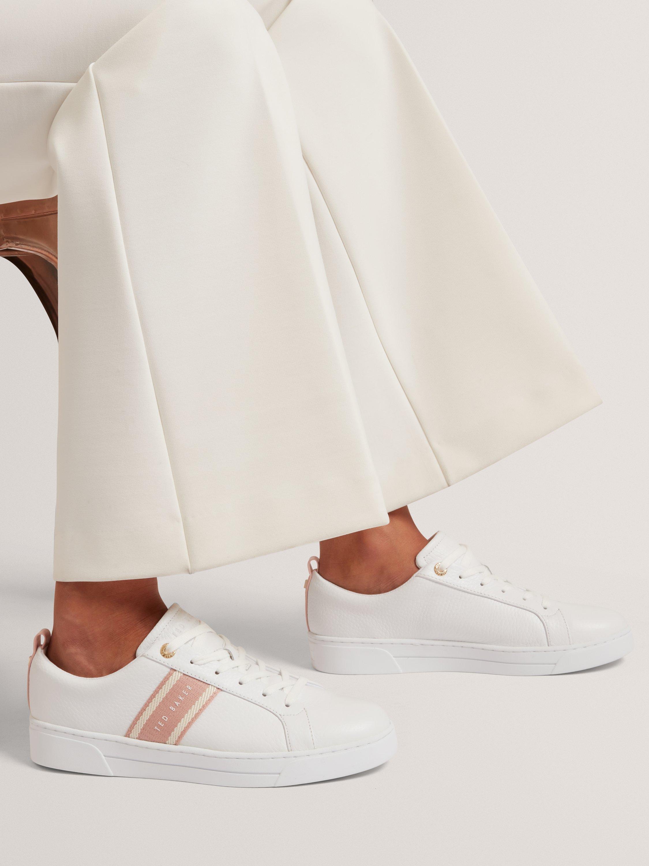 Product image 2 of 5, which shows Ted Baker Bailly Branded Stripe Leather Trainers, White/Pink, 4