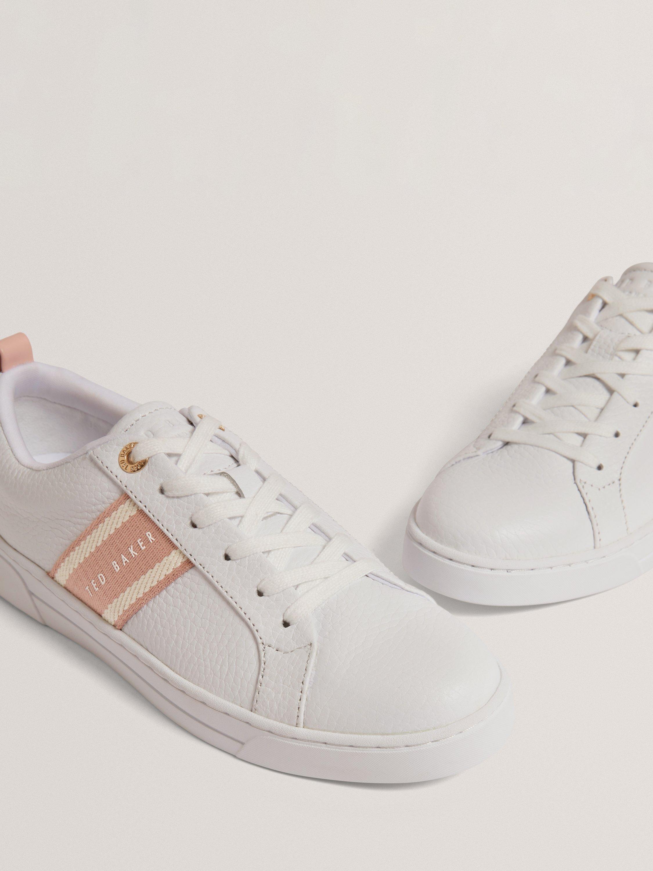 Product image 3 of 5, which shows Ted Baker Bailly Branded Stripe Leather Trainers, White/Pink, 4