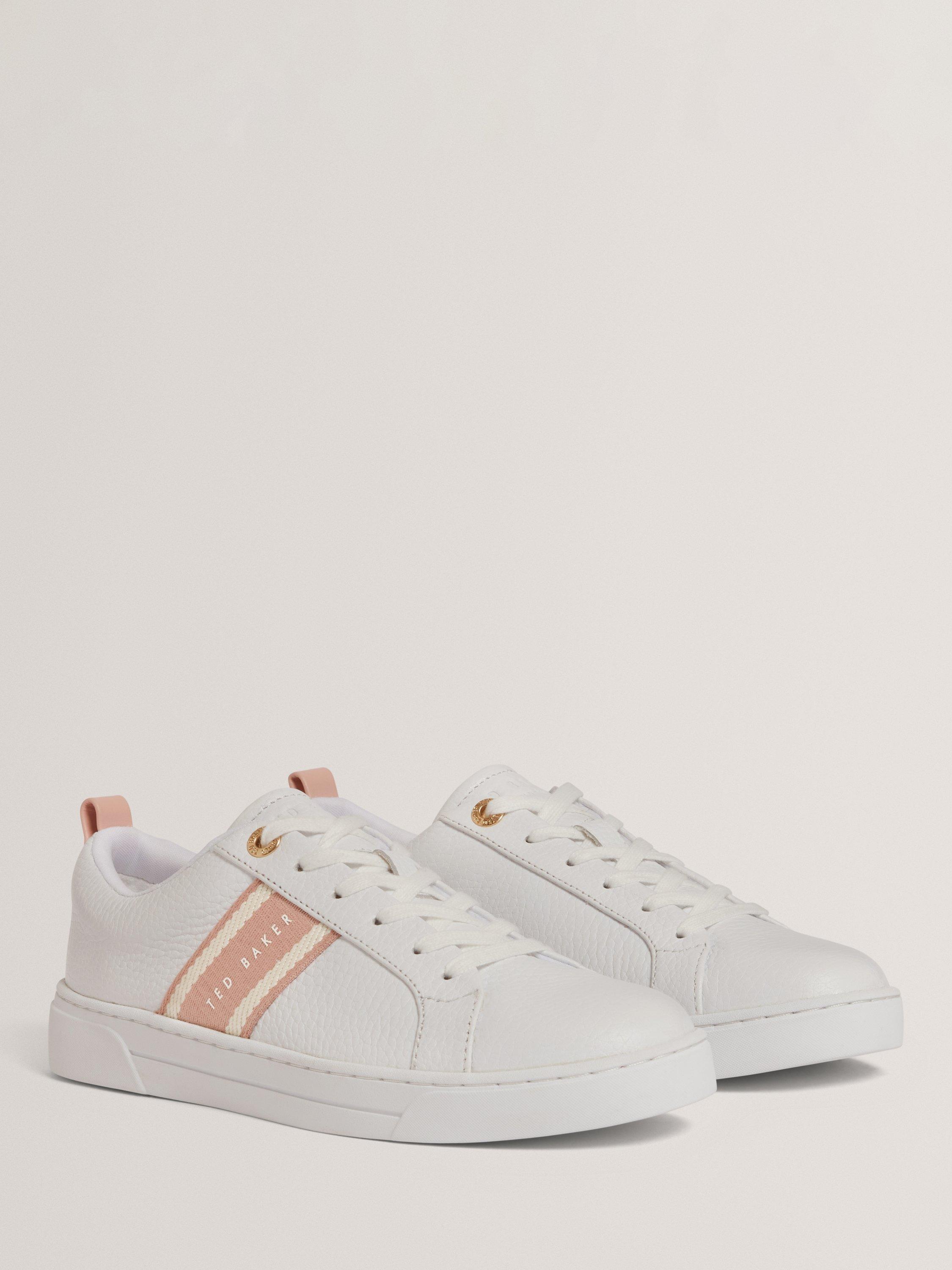 Product image 4 of 5, which shows Ted Baker Bailly Branded Stripe Leather Trainers, White/Pink, 4