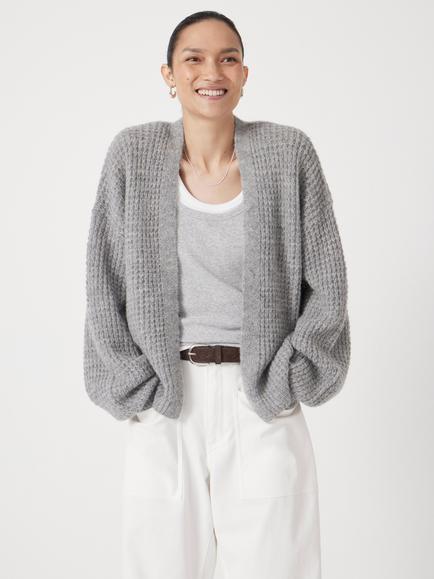 HUSH Waffle Knit Wool Rich Cardigan, Light Grey Marl