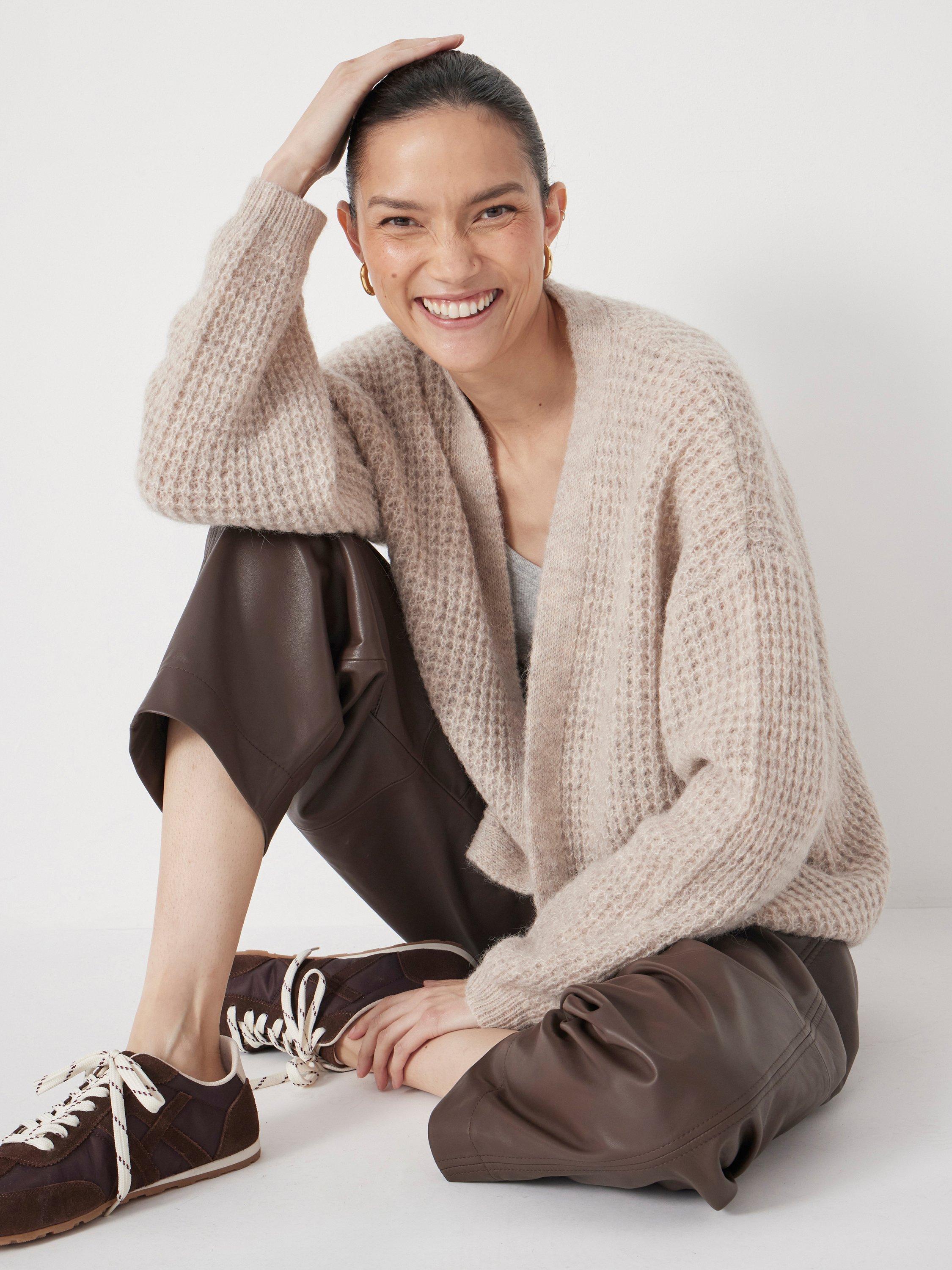 Product image 5 of 6, which shows HUSH Waffle Knit Wool Rich Cardigan, Oatmeal Marl, L-XL