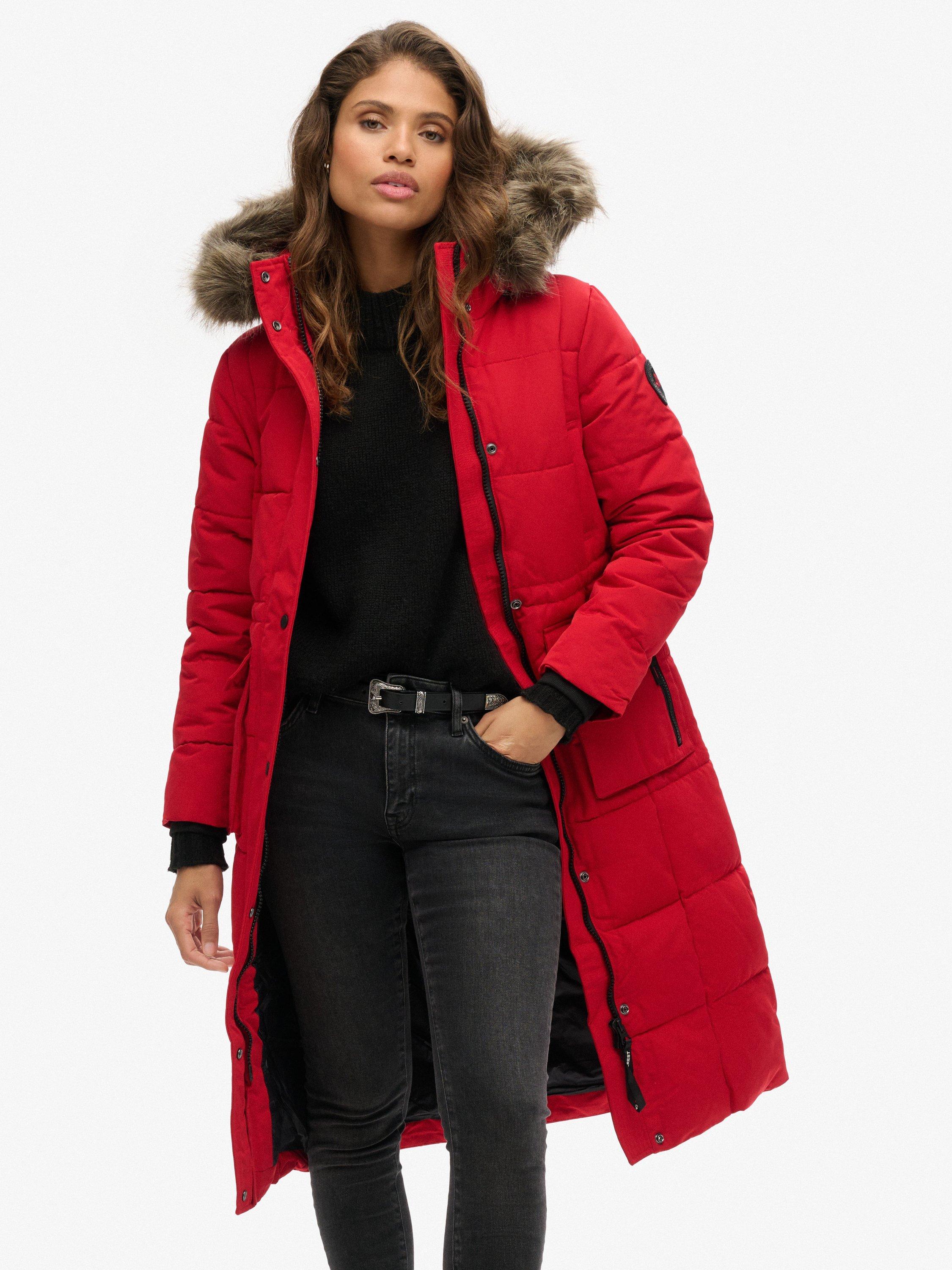 Product image 1 of 5, which shows Superdry Everest Longline Puffer Coat, Deep Red, 10