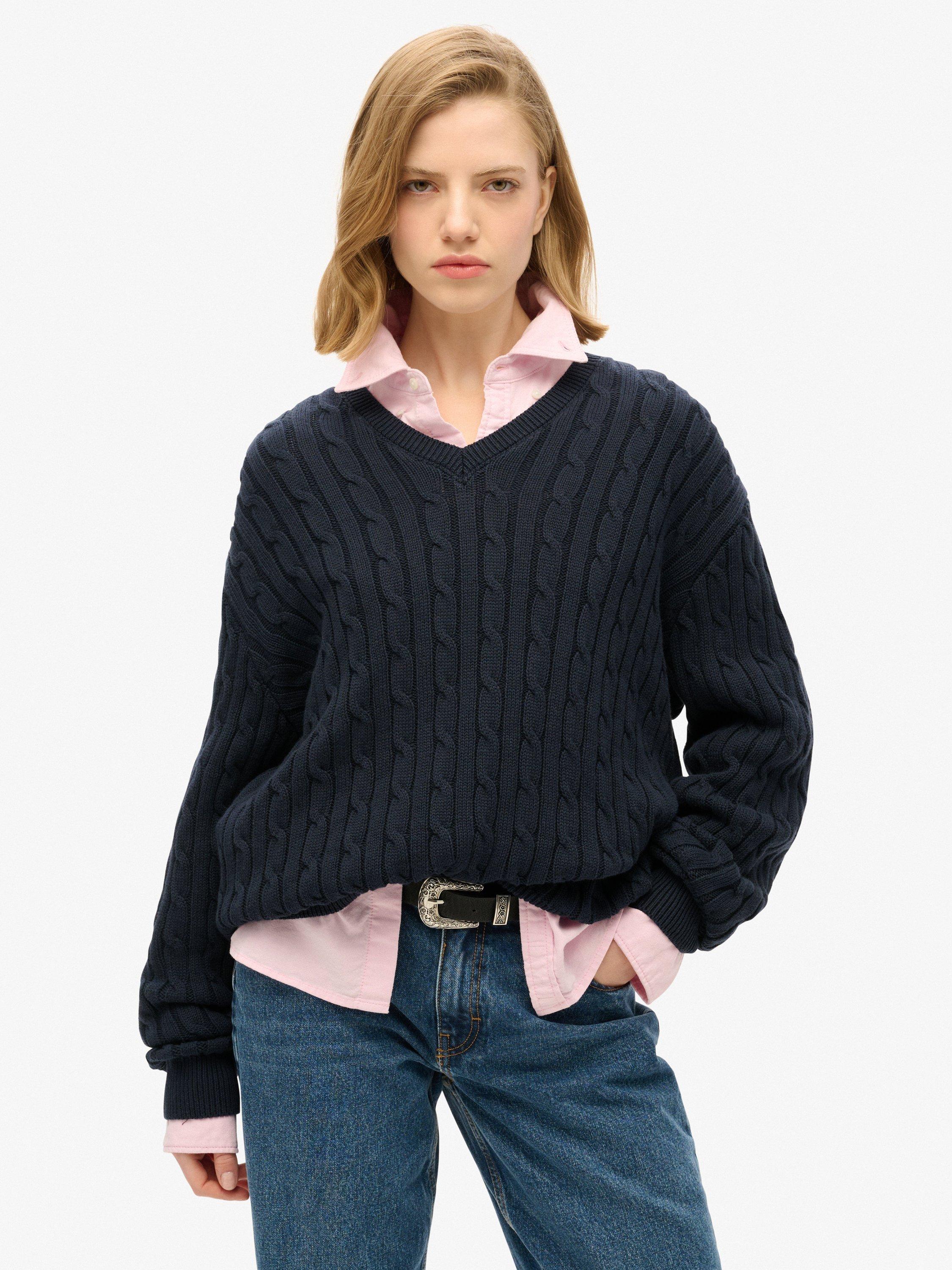 Product image 1 of 5, which shows Superdry Oversized V-Neck Cable Knit Jumper, Eclipse Navy, 10-12