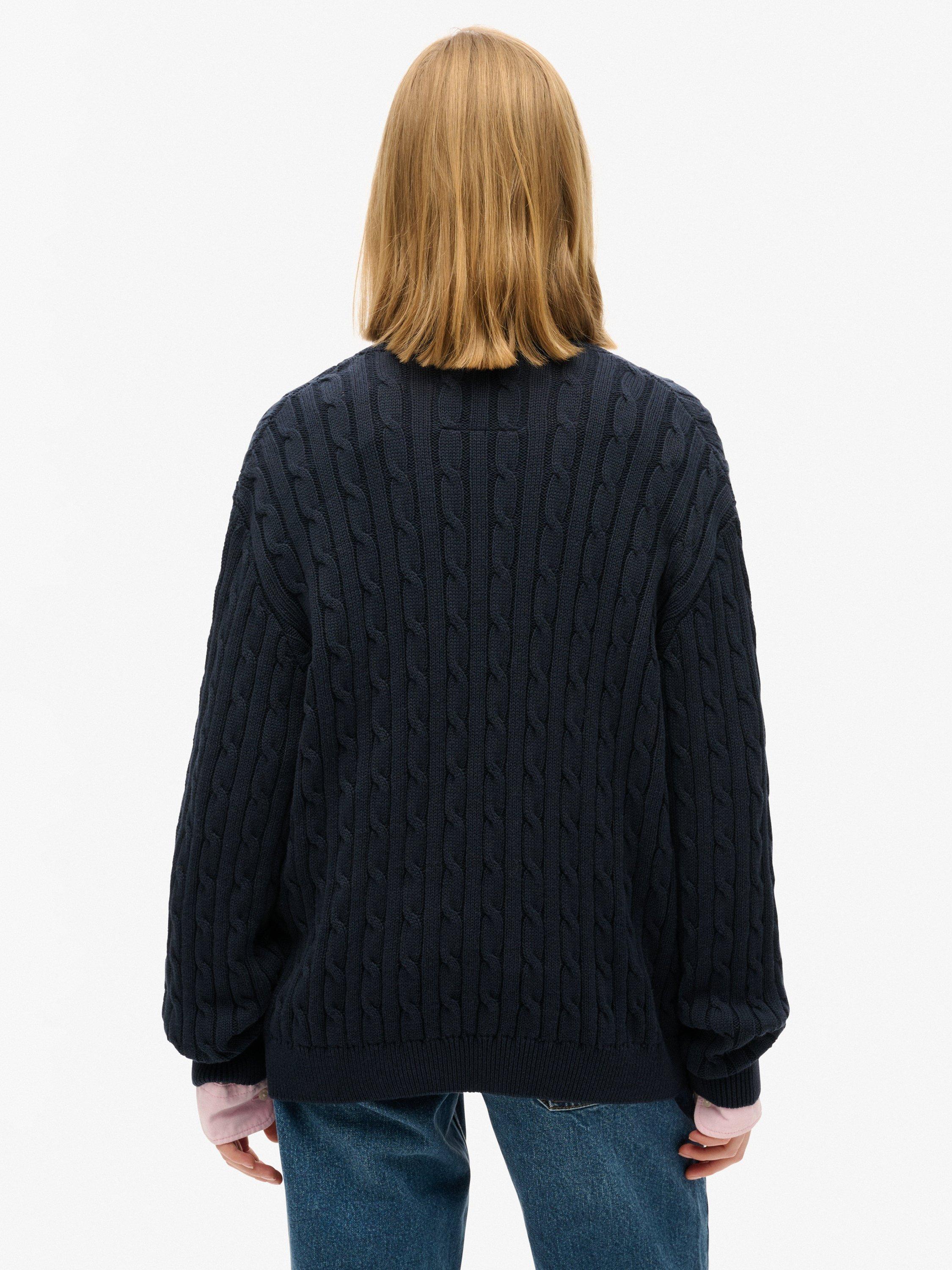 Product image 2 of 5, which shows Superdry Oversized V-Neck Cable Knit Jumper, Eclipse Navy, 10-12