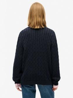 Superdry Oversized V-Neck Cable Knit Jumper, Eclipse Navy - view 2, Eclipse Navy