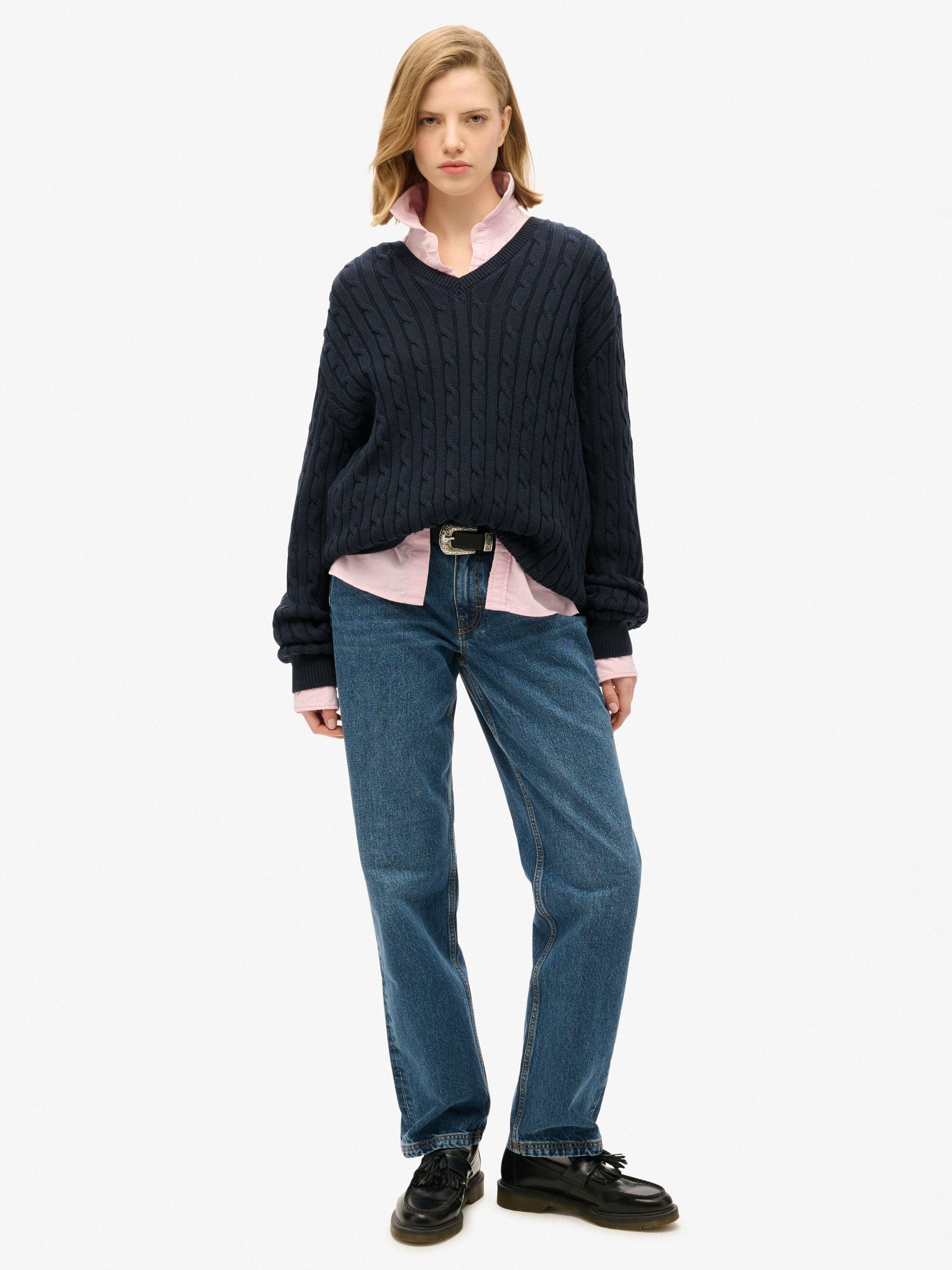 Product image 3 of 5, which shows Superdry Oversized V-Neck Cable Knit Jumper, Eclipse Navy, 10-12