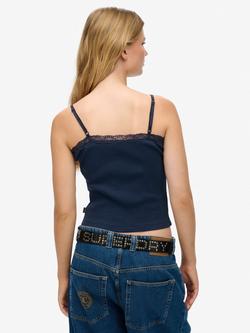 Superdry Essential Lace Trim Cami Top, Richest Navy - view 2, Richest Navy