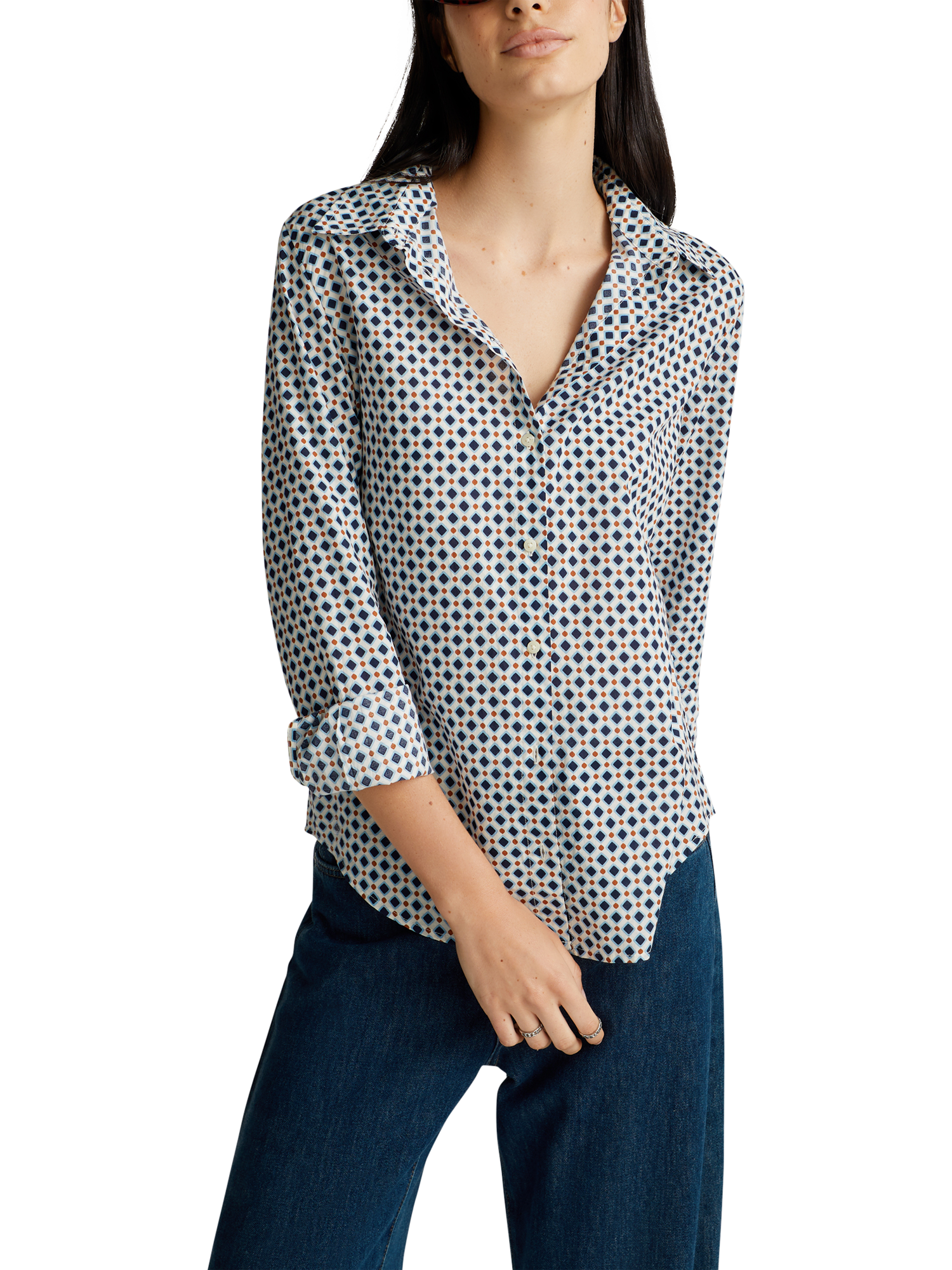 Product image 1 of 4, which shows Benetton Geometric Long Sleeve Shirt, Cream/Multi, XS