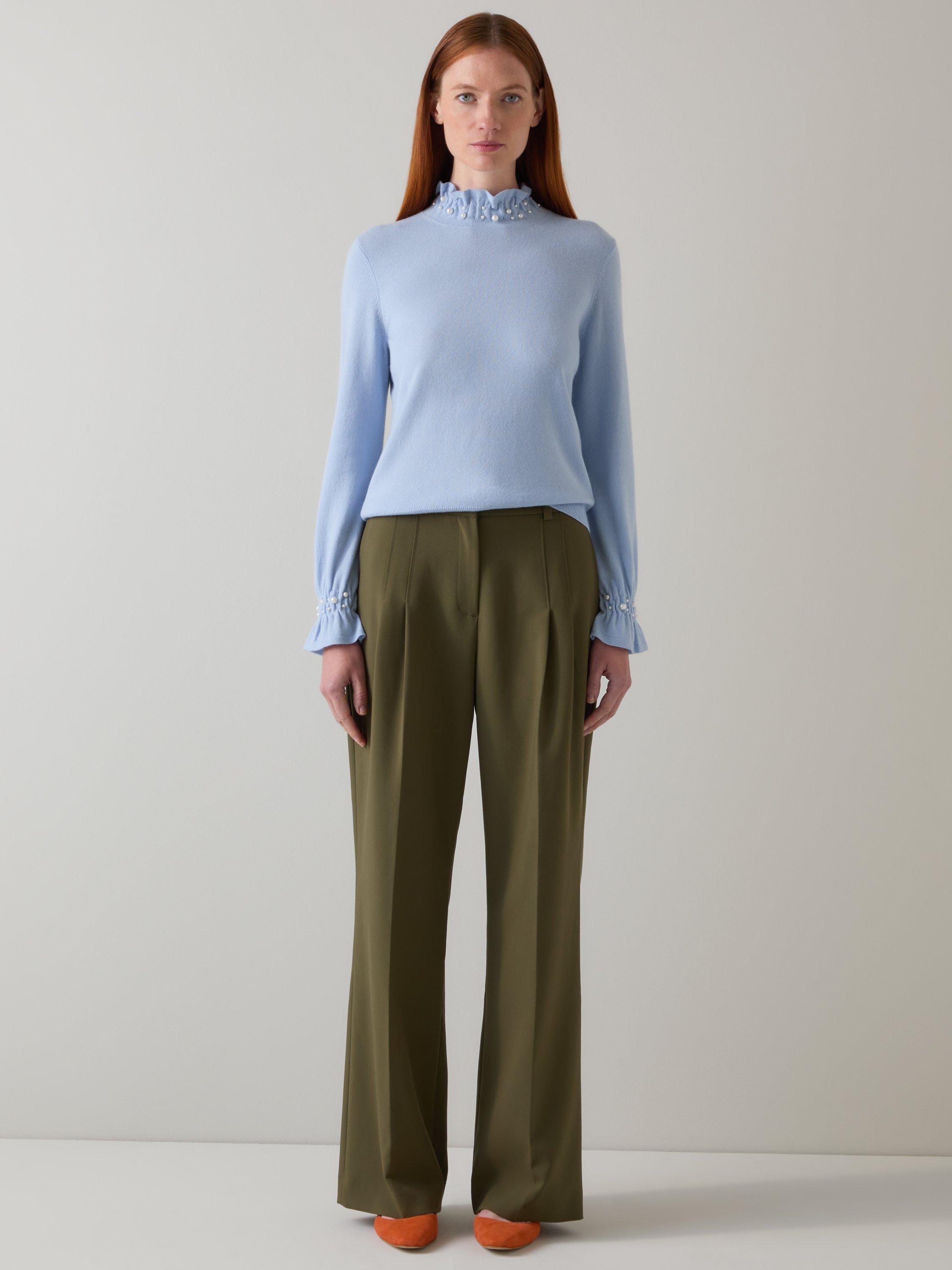 Product image 1 of 5, which shows L.K.Bennett Vera Ruffle Long Sleeve Top, Mul-blue/Cream, XS