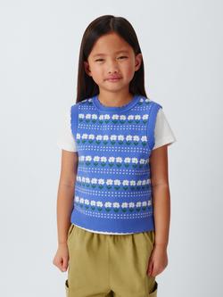 John Lewis Kids' Floral Knit Tank Top, White, Blue, White, Blue