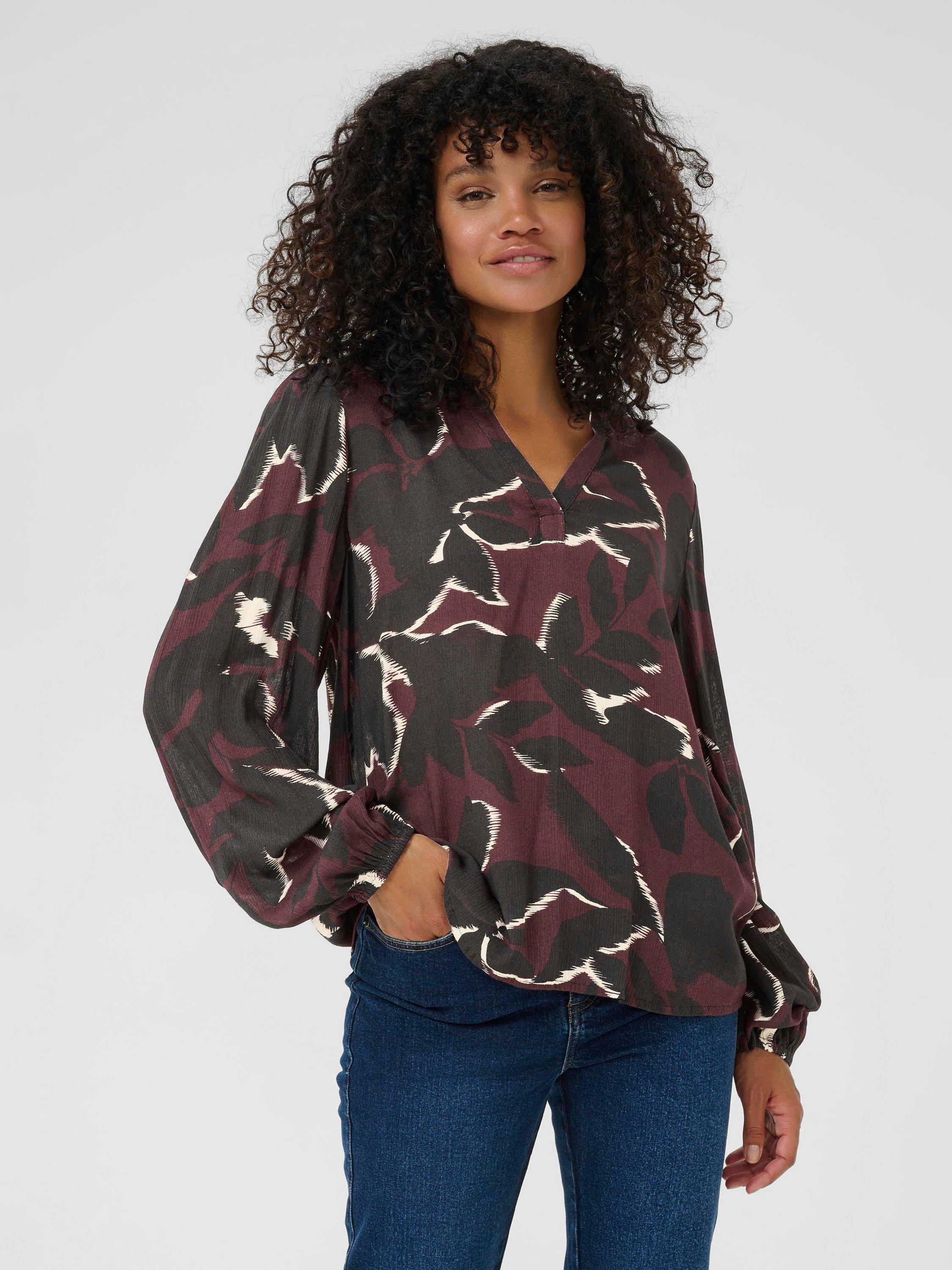 Product image 1 of 6, which shows KAFFE Beate Amber Floral Top, Wine/Black, 8
