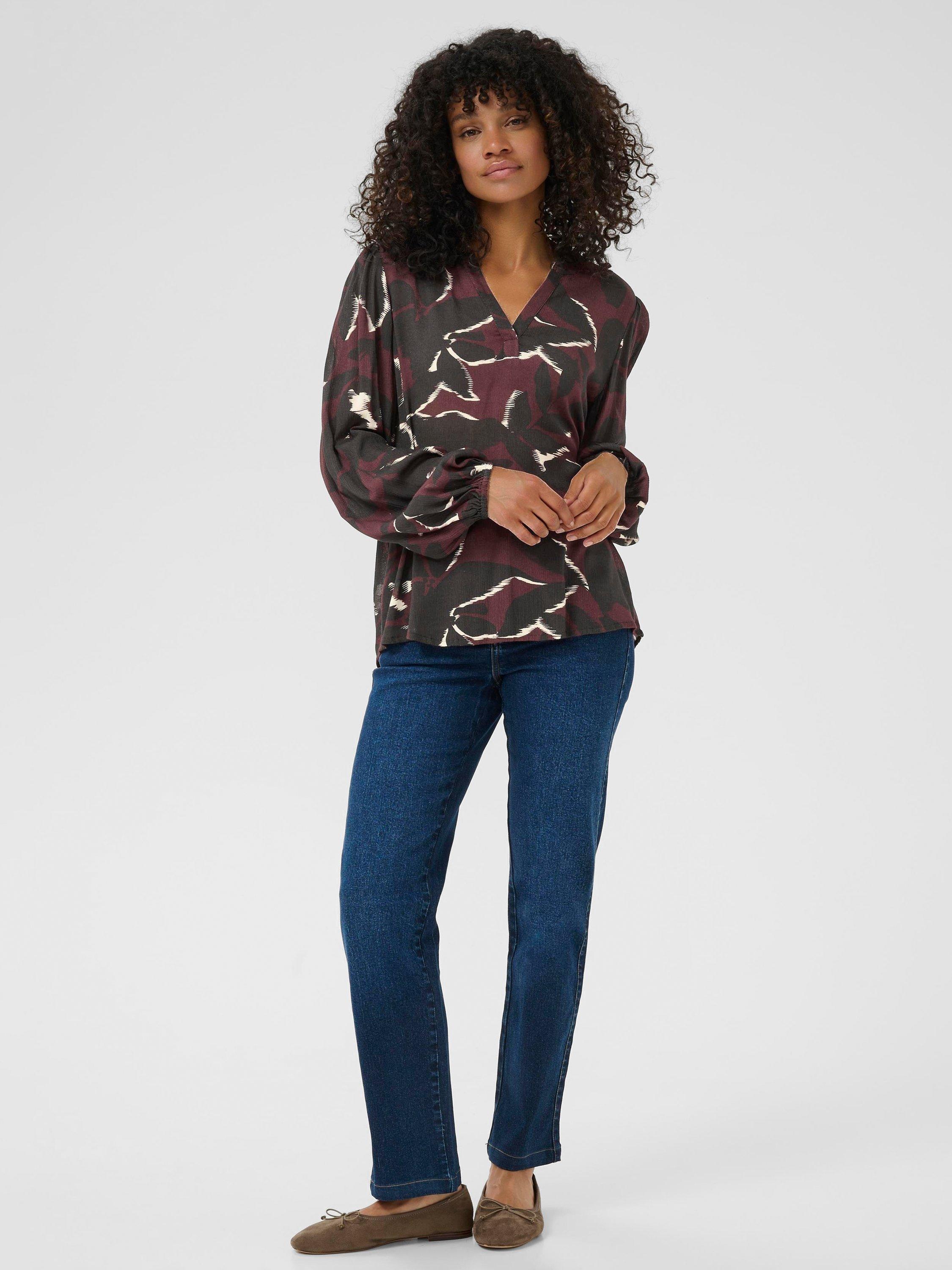 Product image 3 of 6, which shows KAFFE Beate Amber Floral Top, Wine/Black, 8