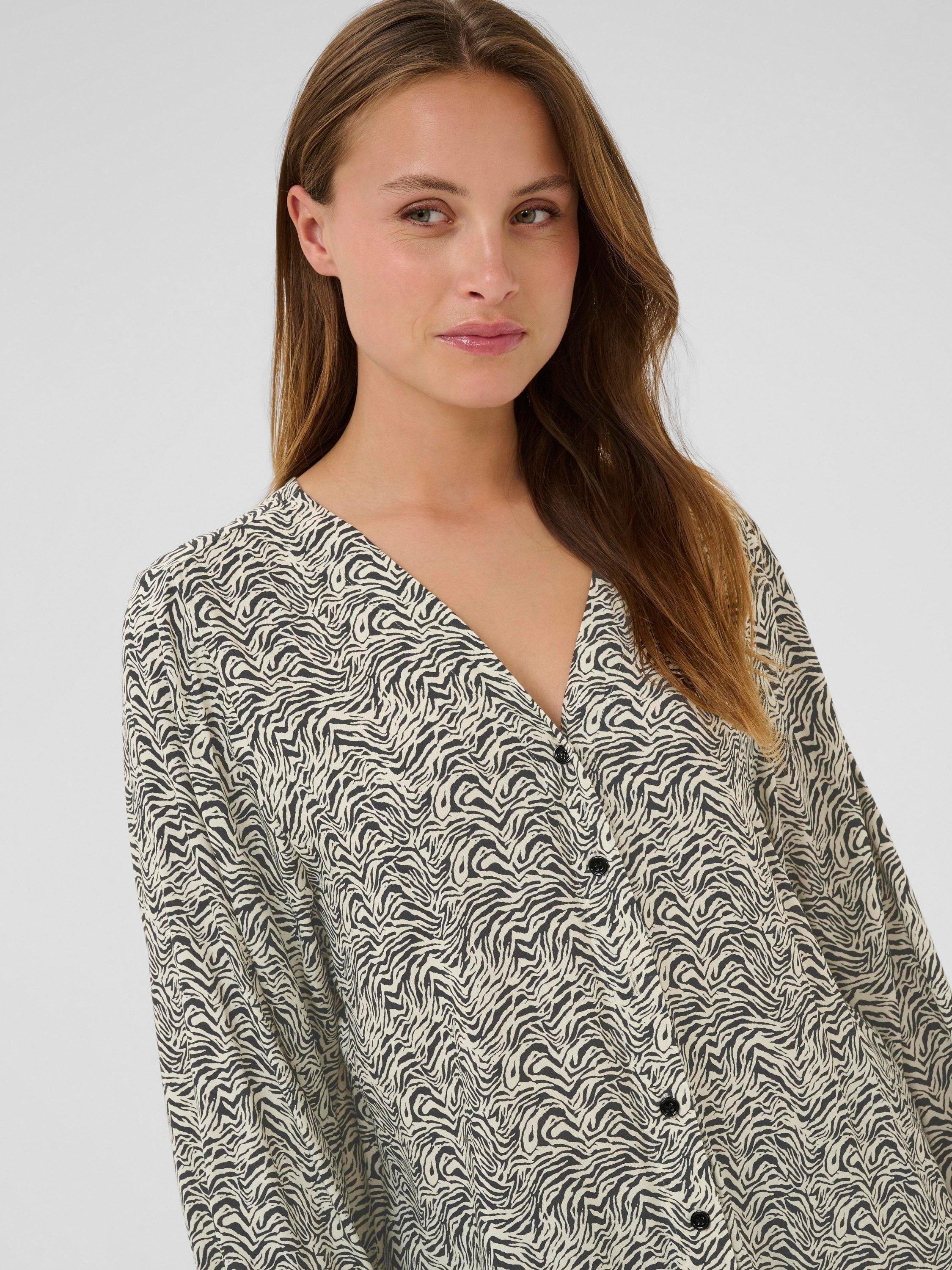 Product image 4 of 6, which shows KAFFE Miriam Abstract Animal Print Top, Black Oyster/Turtle, 8