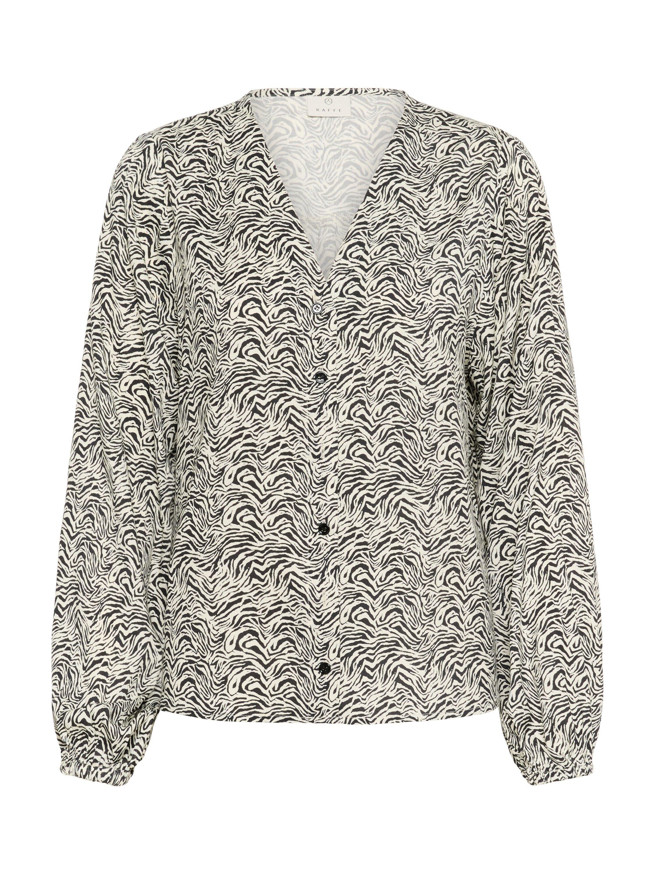 Product image 5 of 6, which shows KAFFE Miriam Abstract Animal Print Top, Black Oyster/Turtle, 8