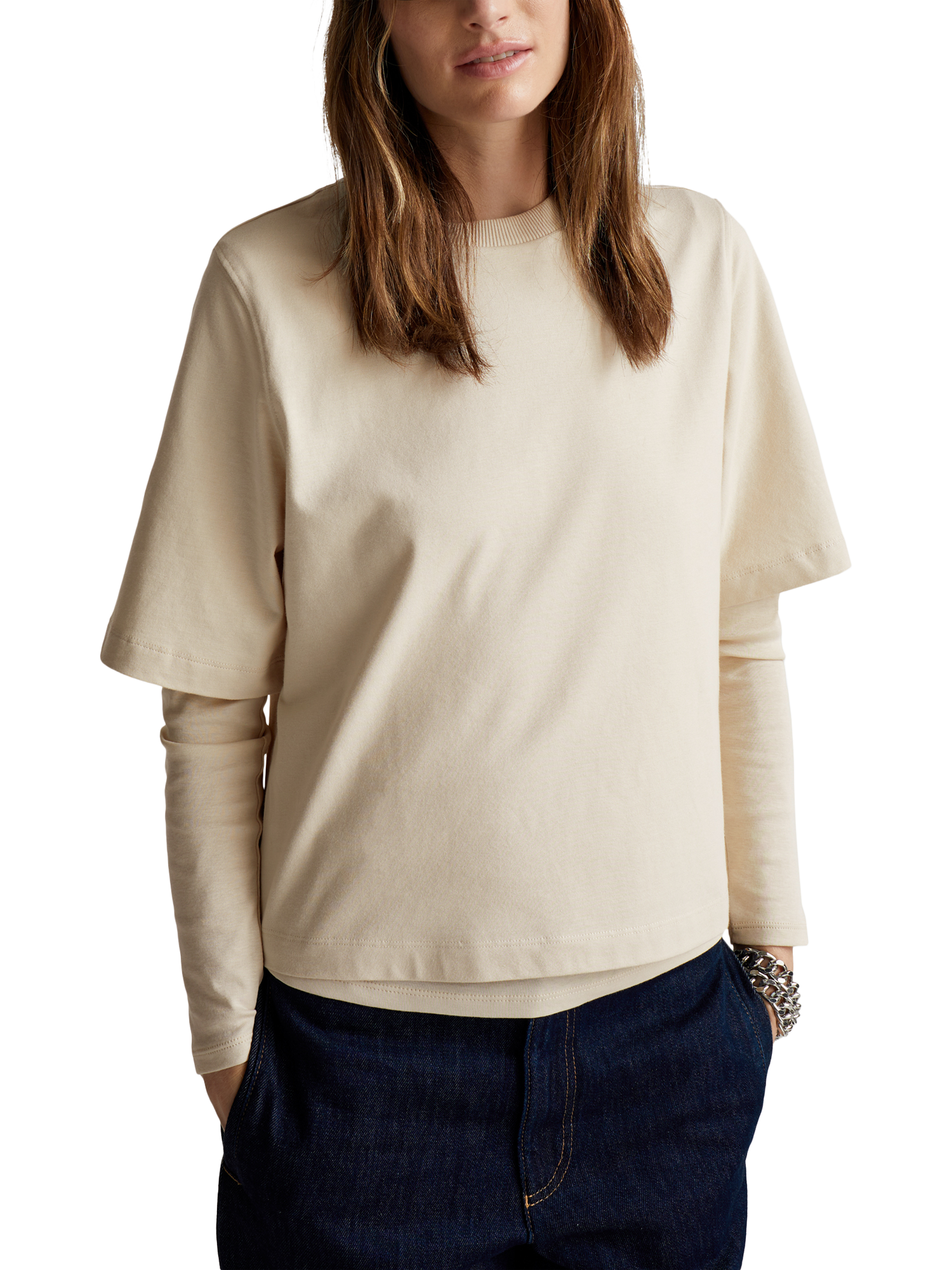 Product image 1 of 5, which shows Benetton Boxy Elbow Sleeve T-Shirt, Beige, XS