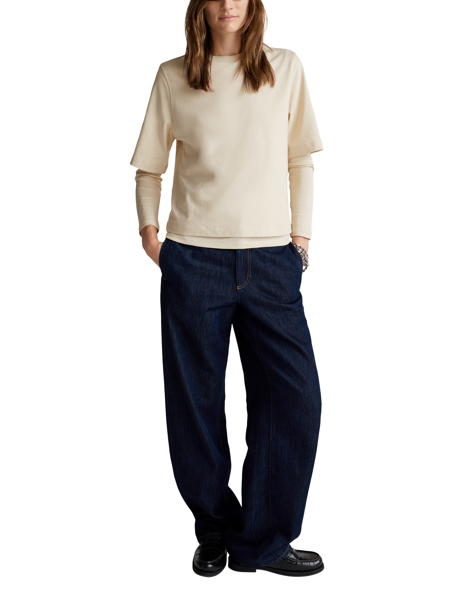 Product image 3 of 5, which shows Benetton Boxy Elbow Sleeve T-Shirt, Beige, XS