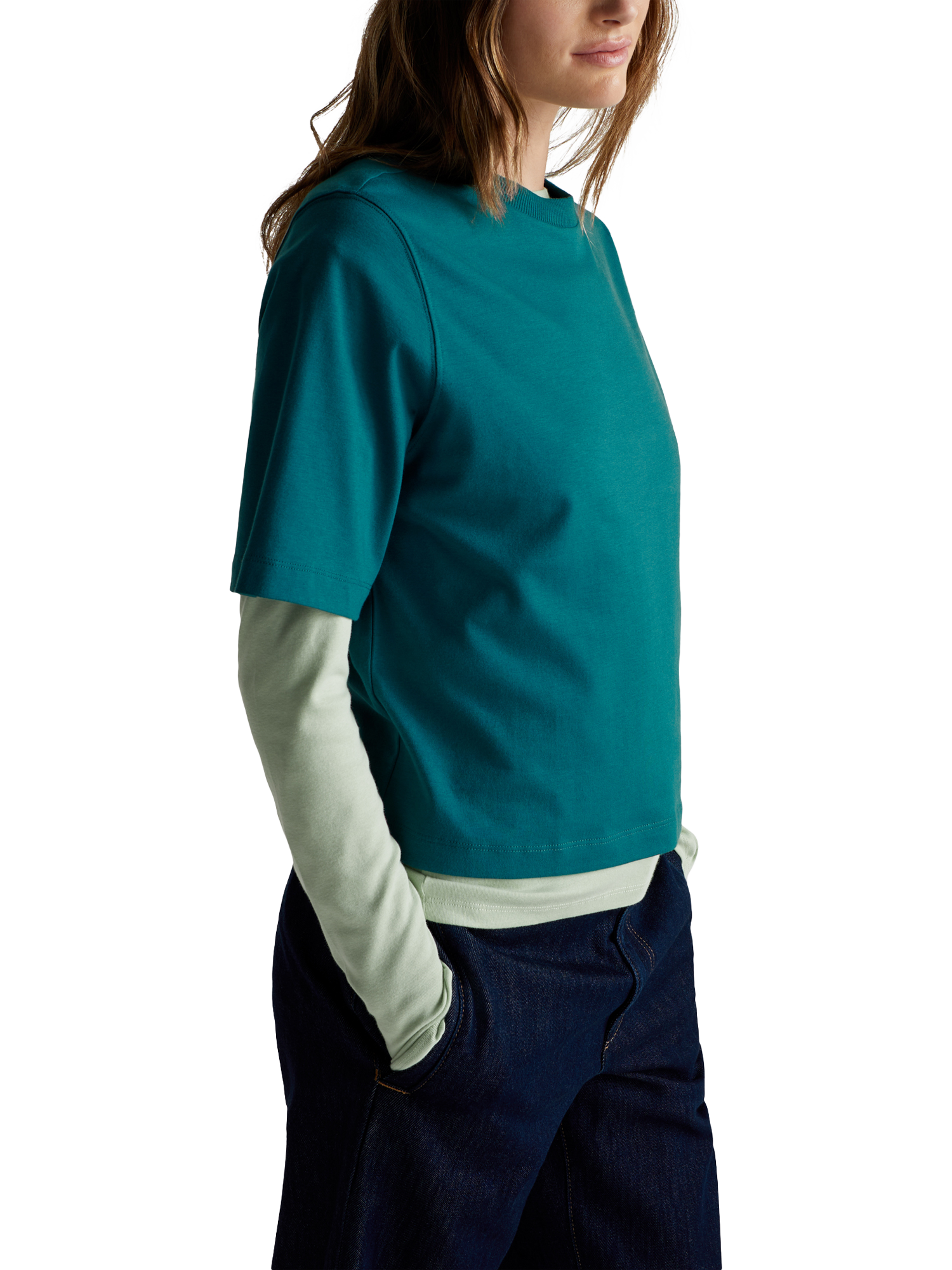 Product image 1 of 4, which shows Benetton Boxy Elbow Sleeve T-Shirt, Green, XXS