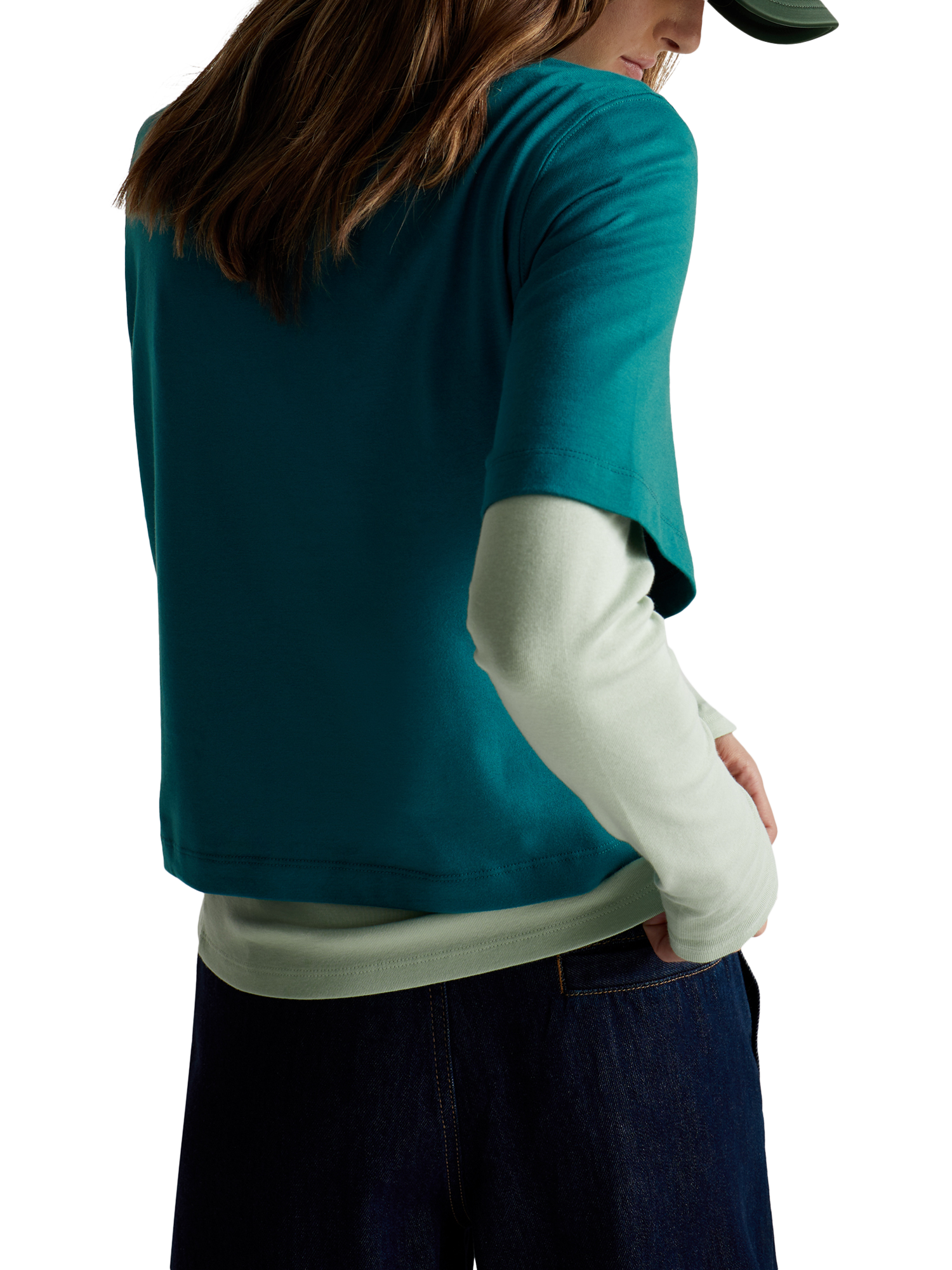 Product image 2 of 4, which shows Benetton Boxy Elbow Sleeve T-Shirt, Green, XXS