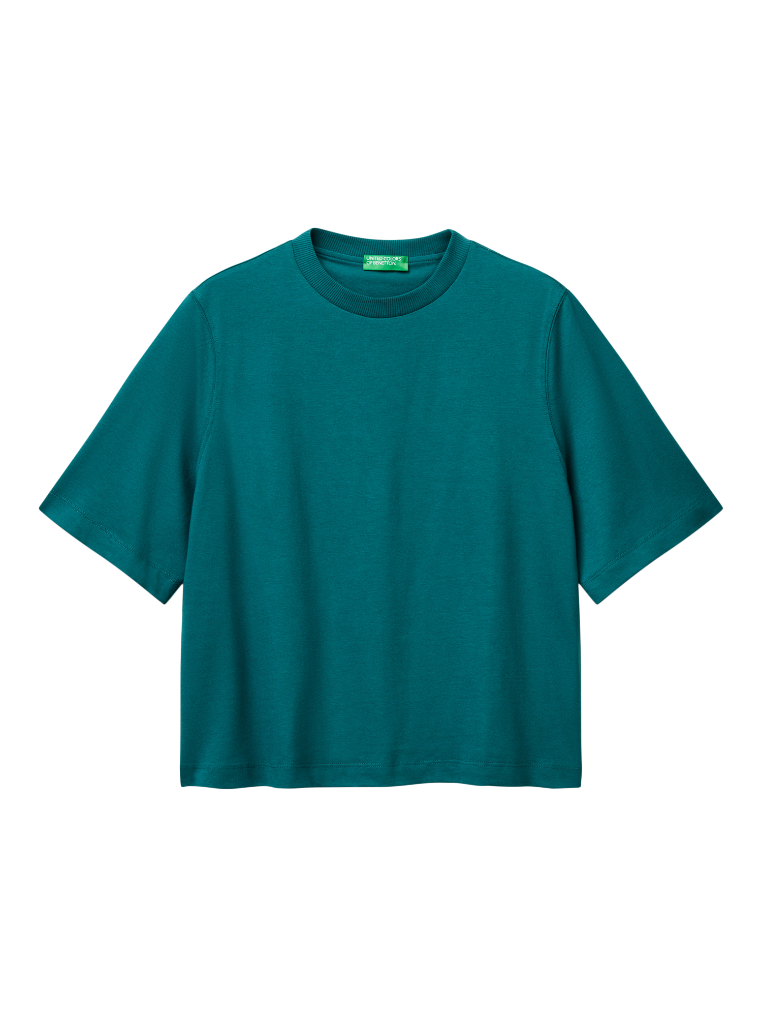 Product image 3 of 4, which shows Benetton Boxy Elbow Sleeve T-Shirt, Green, XXS