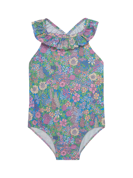 Trotters Kids' Ciara Frill Swimsuit, Blue/Multi, Blue/Multi