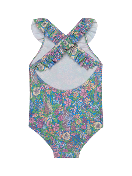 Trotters Kids' Ciara Frill Swimsuit, Blue/Multi - view 2, Blue/Multi