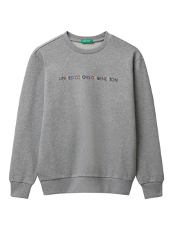 Benetton Kids' Cotton Crew Neck Logo Sweatshirt, Grey, Grey