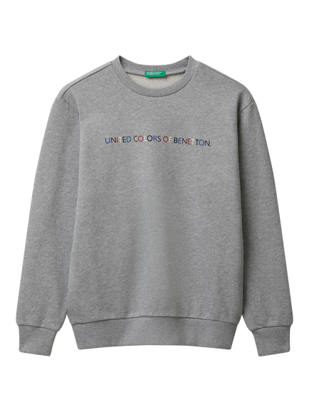 Benetton Kids' Cotton Crew Neck Logo Sweatshirt, Grey, Grey