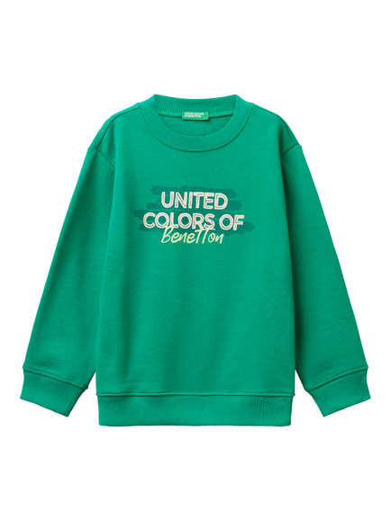 Benetton Kids' Cotton Crew Neck Logo Sweatshirt, Green, Green
