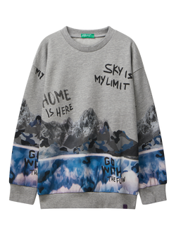 Benetton Kids' Cotton Blend Crew Neck Graphic Sweatshirt, Grey, Grey