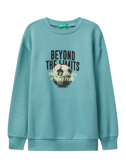 Benetton Kids' Cotton Crew Neck Graphic Print Sweatshirt, Green, Green