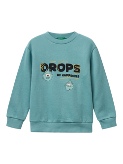 Benetton Kids' Cotton Crew Neck Graphic Print Sweatshirt, Green, Green