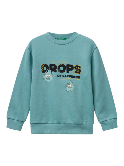 Benetton Kids' Cotton Crew Neck Graphic Print Sweatshirt, Green, Green