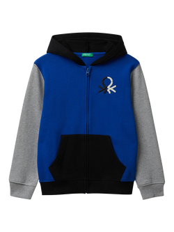 Benetton Kids' Cotton Colour Block Hoodie, Blue/Black/Grey, Multi