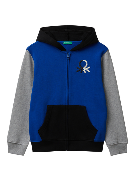 Benetton Kids' Cotton Colour Block Hoodie, Blue/Black/Grey, Multi