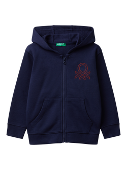 Benetton Kids' Cotton Zipped Logo Hoodie, Blue, Blue