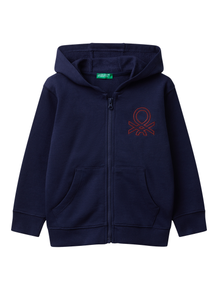 Benetton Kids' Cotton Zipped Logo Hoodie, Blue, Blue