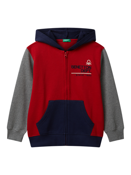 Benetton Kids' Cotton Zipped Colour Block Hoodie, Multi, Multi