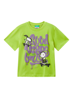 Benetton Kids' Cotton Short Sleeved Snoopy Print T-Shirt, Green, Green