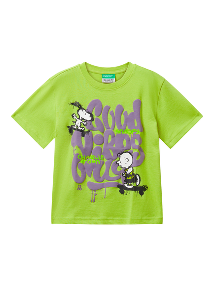 Benetton Kids' Cotton Short Sleeved Snoopy Print T-Shirt, Green, Green