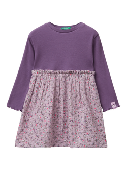Benetton Kids' Cotton Blend Long Sleeved A-Line Dress, Purple, Purple