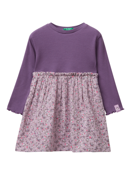 Benetton Kids' Cotton Blend Long Sleeved A-Line Dress, Purple, Purple