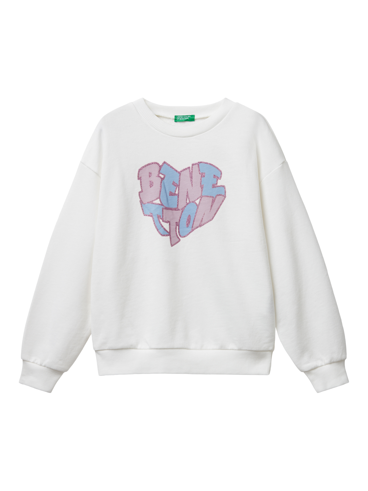 Product image 1 of 3, which shows Benetton Kids' Cotton Relaxed Glitter Logo Sweatshirt, White, 7-8 years