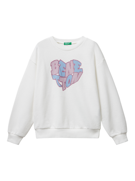 Benetton Kids' Cotton Relaxed Glitter Logo, White, White