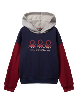 Benetton Kids' Cotton Colour Block Logo Hoodie, Multi, Multi
