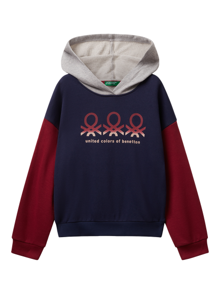 Benetton Kids' Cotton Colour Block Logo Hoodie, Multi, Multi