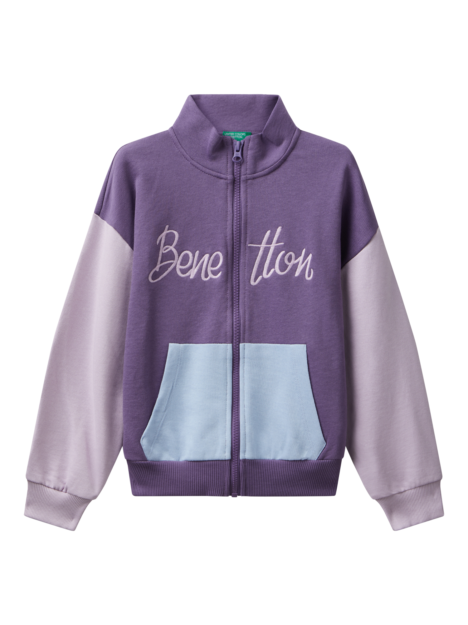 Product image 1 of 3, which shows Benetton Kids' Colour Block Zip Up Sweatshirt, Purple/Multi, 6-7 years