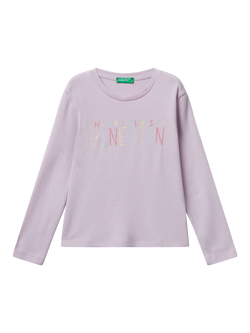 Benetton Kids' Cotton Long Sleeved Glitter Logo T-Shirt, Violet, Violet