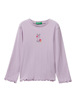 Benetton Kids' Cotton Blend Long Sleeved Motif T-Shirt, Violet, Violet