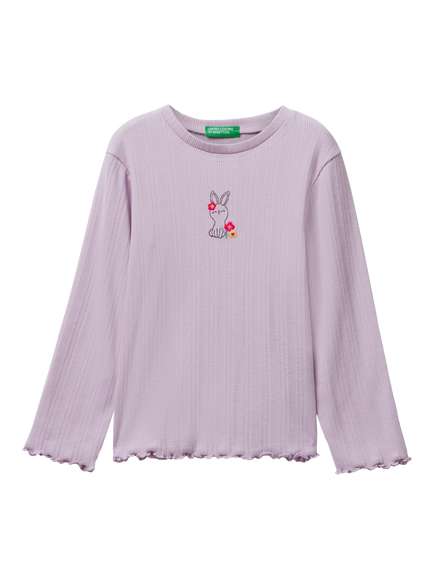 Benetton Kids' Cotton Blend Long Sleeved Motif T-Shirt, Violet, Violet